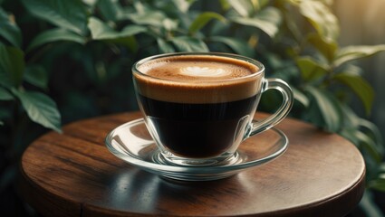Poster - Old-style black coffee served in a cup on a wooden surface with room for text.