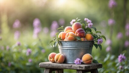 Aufkleber - Metal container of ripe peaches on a stool with purple flowering backdrop