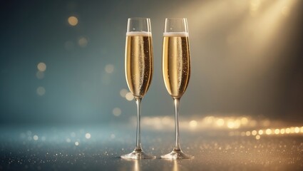 Poster - Celebratory champagne glasses on a winter holiday backdrop with space for copy