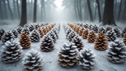 Aufkleber - Top view of pine cones with icing sugar snow, highlighting holiday decoration against a forest background