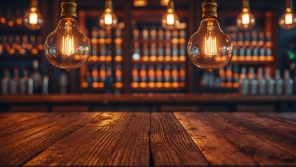 Poster - Vintage lamps illuminate a wooden brown table with a blurred background