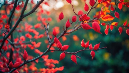 Poster - Close-up of a bush twig featuring red, twisted leaves against a green garden backdrop