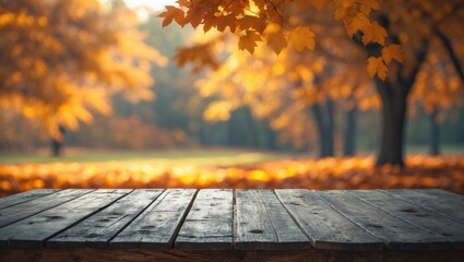 Poster - Wooden table outdoors decorated for autumn catering or food display