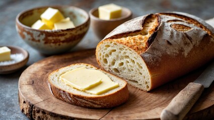 Poster - Rustic loaf of bread with cut slices, butter, and sugar arranged on a wooden surface for a homemade breakfast scene.