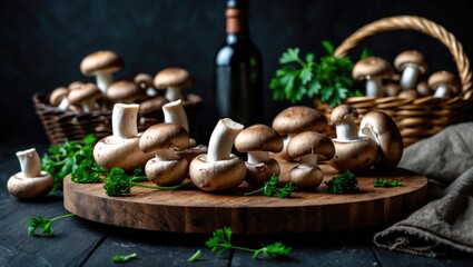 Poster - Uncooked mushrooms displayed on black surface for cooking and gourmet dishes