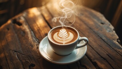 Poster - Close-up of a hot coffee cup with natural wooden and fabric elements