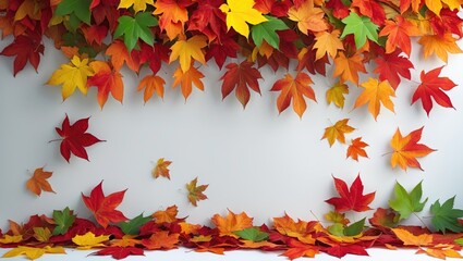 Poster - Vibrant autumn foliage border with leaves on plain background