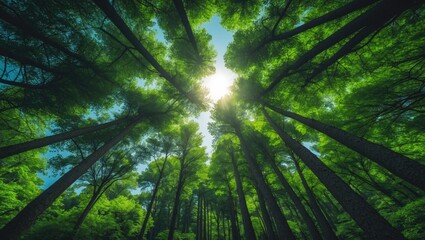 Poster - Wide Angle View of Pine Deciduous Trees and Canopy from Ground Level, Featuring Trunks, Branches, and Spring Lush Background