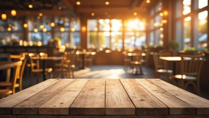 Poster - Product showcase on a blank wooden table with a blurred cafe interior background