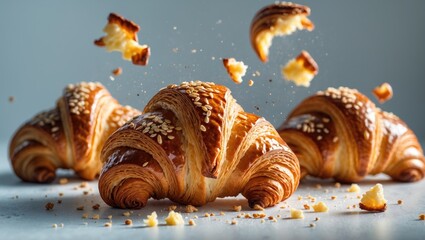 Poster - Delicious baked croissants topped with butter and nuts, crumbs in the air