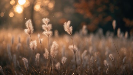 Poster - Minimalist autumn scene with tall grass and pampas, showcasing organic textures and warm tones