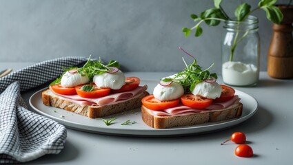 Poster - Savory sandwich with burrata, ham, radish, and tomatoes displayed on a table, flat lay