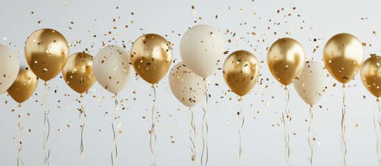 Poster - elegant arrangement of gold and cream balloons with sparkling confetti against a muted background evokes celebration and festive cheer for momentous occasions