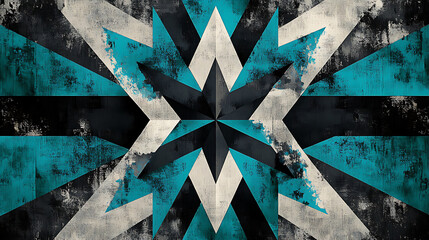 Poster - Geometric starburst pattern in teal black and white with grunge texture abstract contemporary design