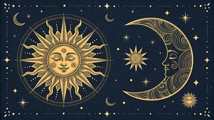 celestial sun and moon illustration in gold, combining cosmic elements and celestial symbolism, perf