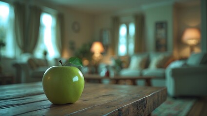 Poster - Green apple resting on wooden surface in living room