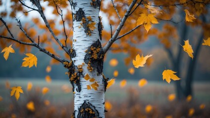Poster - Autumn Scene Featuring Birch Tree Branches, White Bark, and Dry Leaves in a Forest Setting