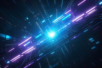Poster - 青と紫のライトを備えた抽象的なデジタルデータトンネルテクノロジーネットワークの背景