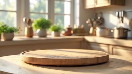 Poster - Wooden desk in kitchen interior bathed in morning light.