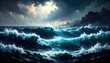 © M - Dramatic seascape with turbulent waves crashing against rocky shore under stormy clouds and sunlight breaking through