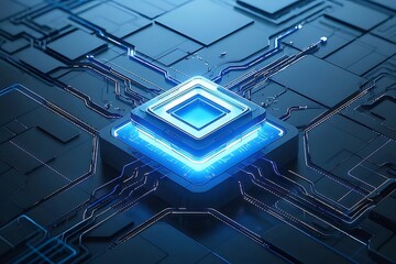 Poster - 複雑な青色のテクノロジー回路基板とチップのクローズアップ詳細図 未来的なコンピュータープロセッサの抽象デザインとつながり
