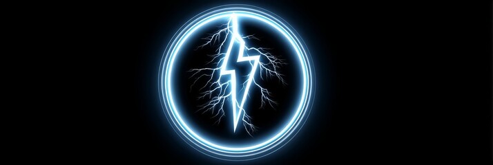 Poster - Circle Lightning Bolt Illustration - Symbolizing power, energy, speed, electricity, and dynamism. A vibrant blue lightning bolt encased within a glowing circle on a black background