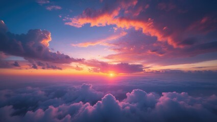 Wall Mural - Blue sky backdrop with storm clouds, mystical sunset, and panoramic view showcasing a tragic gloomy sky and stunning skies