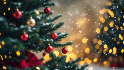 Poster - Festive background with defocused Christmas tree, gold bokeh, and snow for holiday celebration