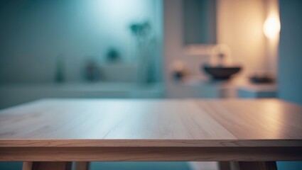 Poster - Blurred background featuring a top wooden bath table in a modern bathroom