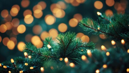 Poster - Christmas tree and spruce branches with shiny bokeh lights in the background.