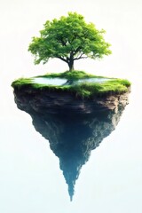 Poster - 白の背景に浮かぶ緑の木と水たまりのある島のリフレクション 静けさと自然の美しさを表現した夢のような牧歌的な風景
