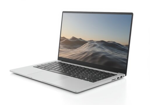 Laptop computer displaying a digital ocean landscape on its screen, isolated on a white background in a studio shot