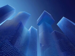 Aufkleber - 星が輝く背景を持つ青い未来都市景観 抽象的な建築構造とデジタル光点のデザイン