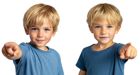 Poster - Two young boys with blonde hair pointing at the forward, suggesting direction or idea, isolated on transparent background.