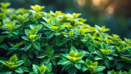 Poster - Selective focus on lush leaf pattern of a small-leafed hedge plant with sunlight, nature setting