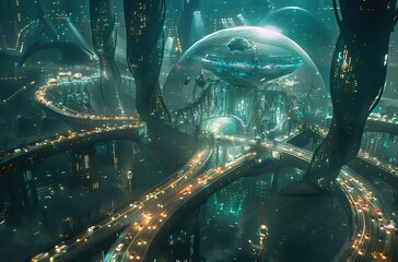 Poster - 未来的な首都の夜景 AI 生成された建築デザインと交通機関網が特徴的なサイエンスフィクション都市のコンセプト