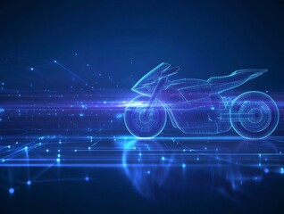 Poster - ドットと線で構成された青い未来的なバイクのデジタル表現 テクノロジーとイノベーションをテーマにした背景デザイン