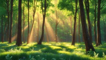 Poster - Vibrant outdoor scene featuring sunbeams shining on green forest terrain