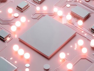 Poster - ピンクの背景に光る球体とマイクロチップが特徴的な未来的技術回路基板のクローズアップ