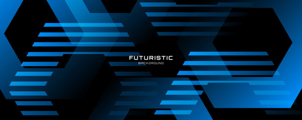 Poster - 3d blue black techno abstract background overlap layer on dark space with hexagons lines effect deco