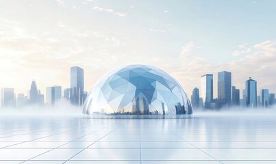 Aufkleber - 霧の多い日に白い床と空を背景にした幾何学的なドーム構造の未来的な都市のスカイライン