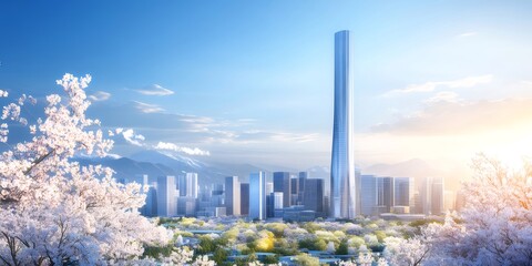 Aufkleber - 青空の下咲く桜が映える未来的な高層ビル群の都市景観 日本の春の美しい風景 モダンな建築デザインと自然が調和した都市の景観