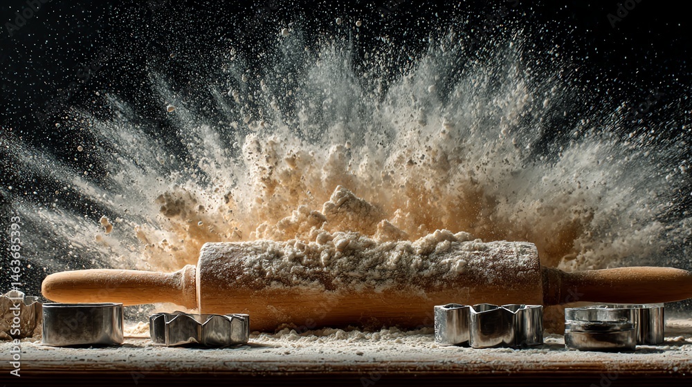 Dynamic flour explosion with rolling pin and cookie cutter captures ...