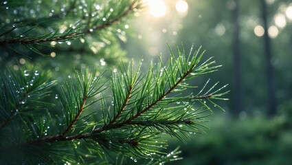 Poster - Sunlit pine branches with dew-laden needles capturing nature's serenity