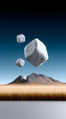 Poster - Mysterious mountain range with glowing blue vegetation and levitating stones, atmospheric light, magical and otherworldly scene, ample space at foreground for text placement