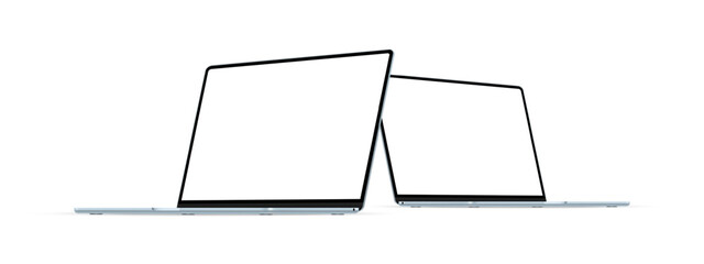Fototapete - Two Modern Blue Laptops Mockups with Blank Screens, Side Perspective View, Isolated on White Background. Vector Illustration