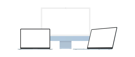 Fototapete - Modern Blue Computers. PC Monitor, Laptops Front and Side Perspective View, with Blank Screens, Isolated on White Background. Vector Illustration