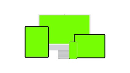 Fototapete - Animated Devices Mockups Set. PC, Laptop, Smartphone, Tablet With Green Screens. Animation For Web Presentation