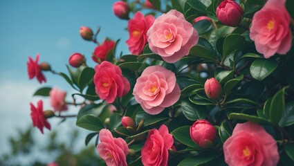 Poster - Colorful camellia flowers in full bloom on a green bush with a bright blue sky background