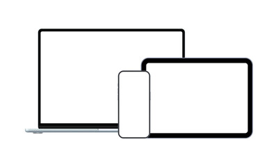 Fototapete - Modern Blue Laptop, Smartphone, Horizontal Tablet, Front View, with Blank Screens, Isolated on White Background. Vector Illustration